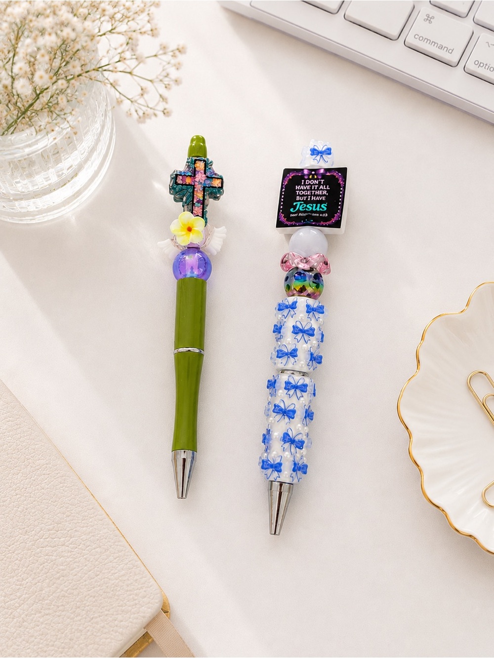 Set of two handmade Christian religious pens- refillable cross flower design